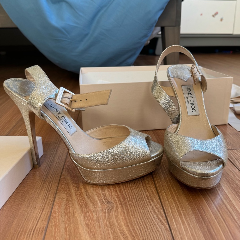 Used Jimmy Choo Linda Glitter Leather Champagne 38 1/2 Wedding shoes